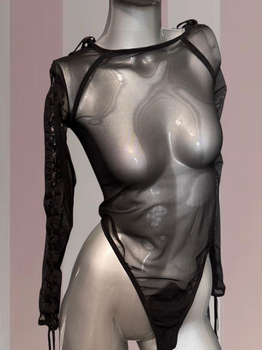 Dolls Kill Widow Mesh Sheer Lace-Up Sleeve Bodysuit - Picture 2 of 5